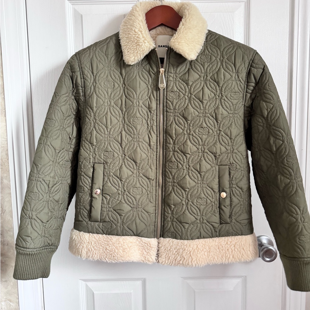 Sandro Olive Quilted Jacket With Cream Trim